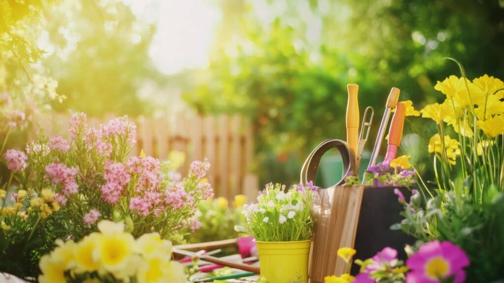 Farbenfroher Kräutergarten mit Gartenutensilien, perfekt für die Gestaltung einer Outdoor-Küche mit einem Pavillon als Herzstück.