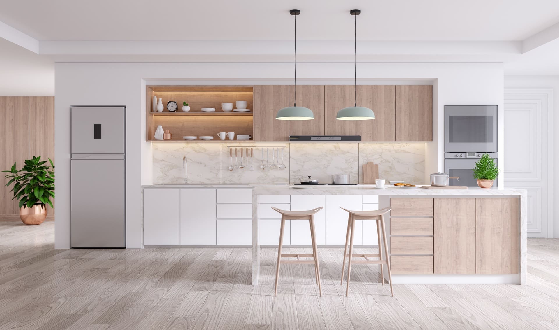 Helle moderne Küche mit Holzoptik und Mooswand