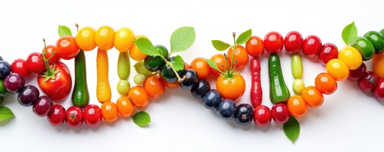 Frisches Obst und Gemuese in DNA-Form – visuelle Darstellung von Zellschutz durch Mikronaehrstoffe wie Vitamin c 1000