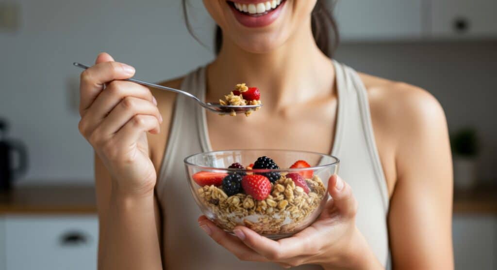 Frau genießt Müsli mit Beeren | Manuka Honig