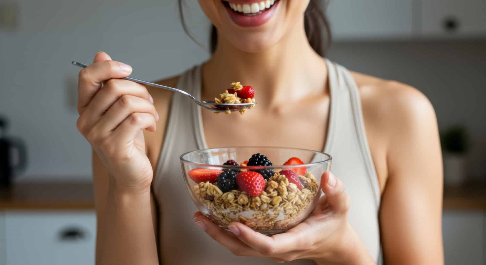 Frau genießt Müsli mit Beeren | Manuka Honig