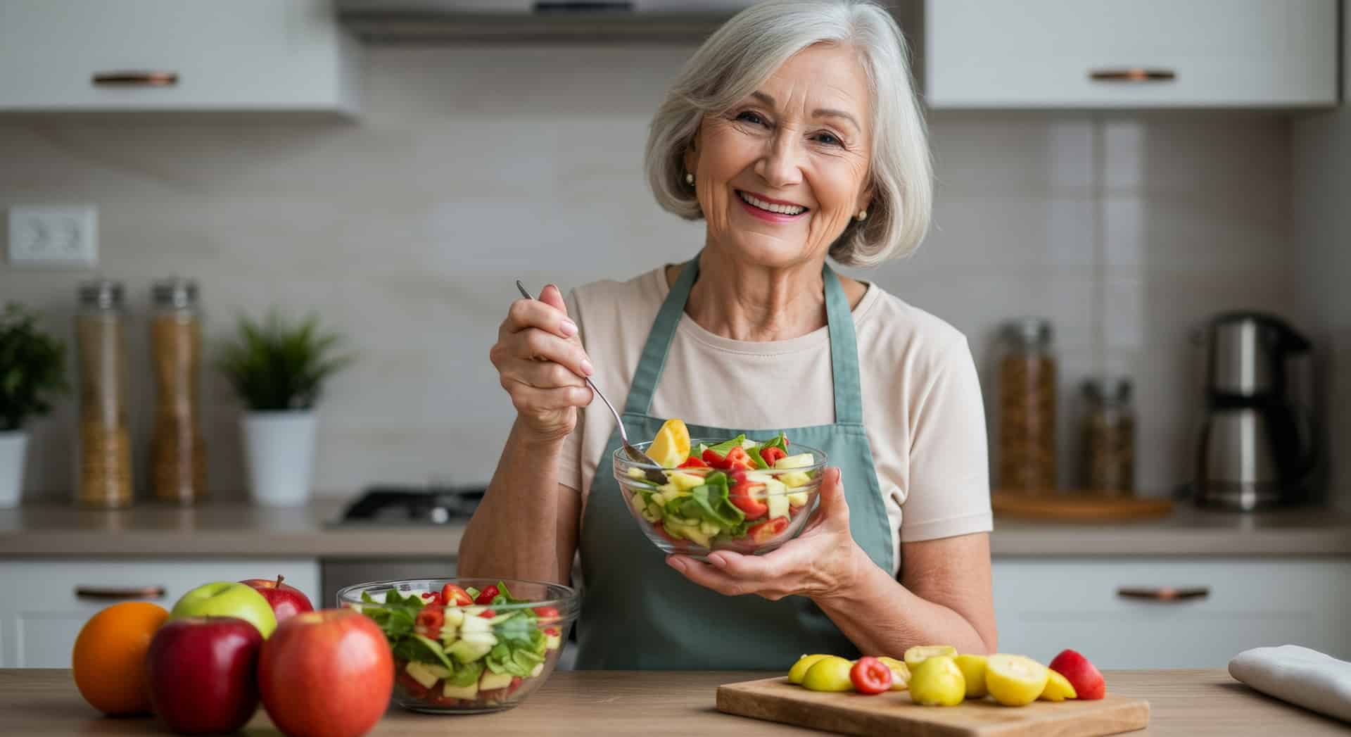 Seniorin bereitet bunten Obstsalat in moderner Küche zu | Pflegehelfer Frankfurt